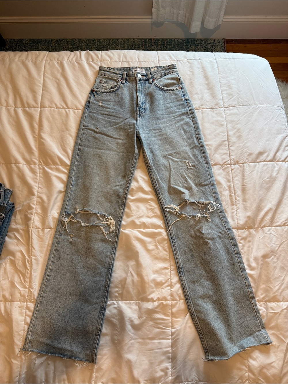 Zara Light Blue Distressed Wide-Leg Jeans